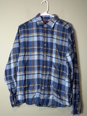 UNTUCKit Men's Navy, Light Blue & Brown Plaid Button-Down Shirt Linen Medium